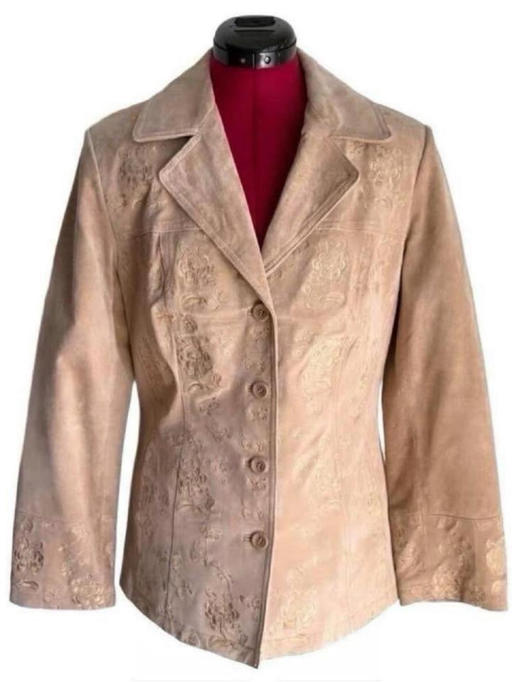 Vintage Y2K 90s Beige Suede Embroidered Leather Jacket Coat Blazer Academia 70s